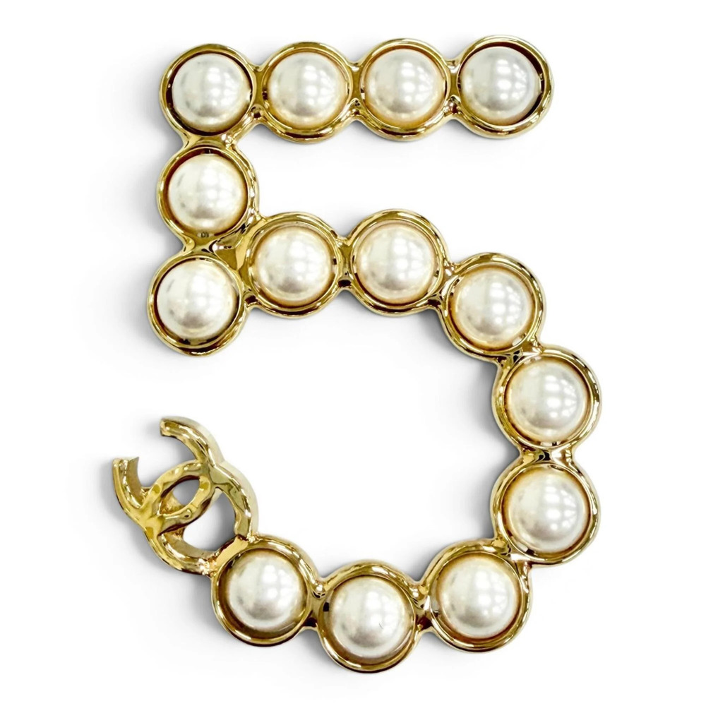 CHANEL Gold Pearl Logo Brooch
